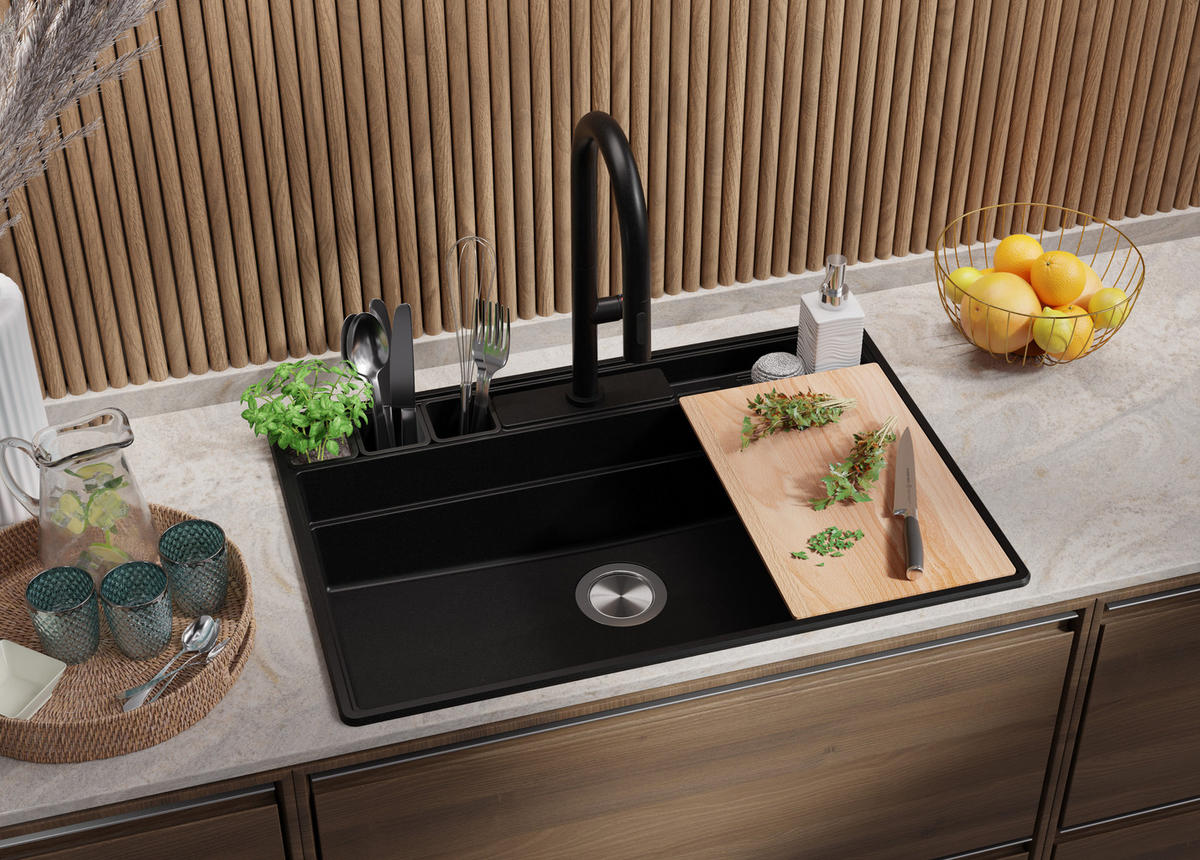 SPÜLBECKEN New York, 2-er set Schwarz 78/53 cm 1 Becken + Ablauf-Set + Küchenzubehörset ab 80er Unterschrank - Chromfarben/Beige, Kunststoff (78/20/53cm) - Primagran