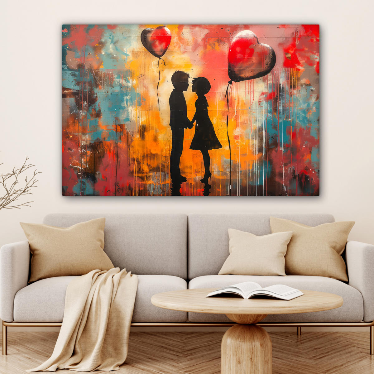 LEINWANDBILD Straßenkunst - Liebe - Graffiti - Kunst - Banksy Wohnzimmer 120x80 cm - Orange, Textil (120/80cm) - MuchoWow