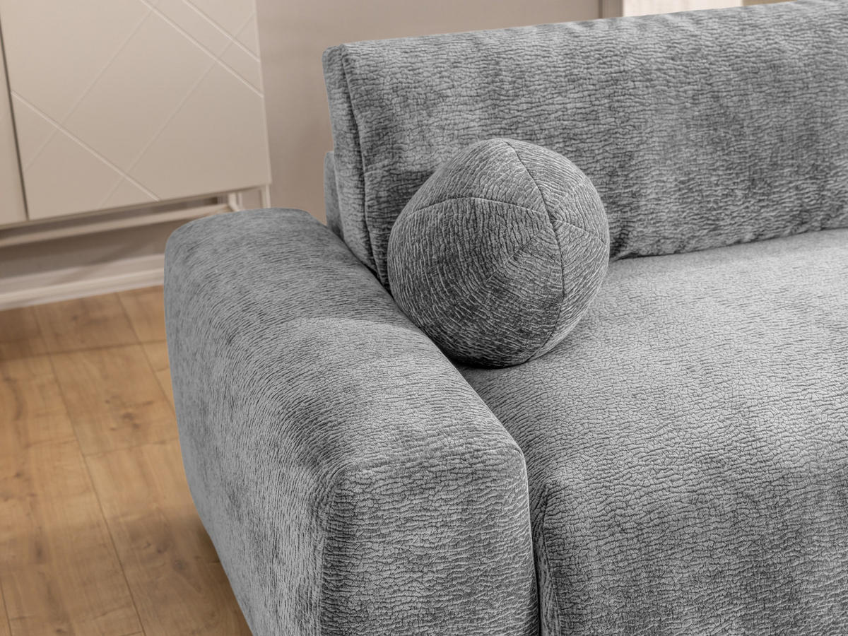 ECKSOFA Puffy mit Schlaffunktion und Bettkasten - besonders weich und puffig aus Hellgrau Stoff mit Chenillestruktur - Ottomane rechts - Hellgrau/Schwarz, Holz/Kunststoff (266/138cm) - S-Style Möbel