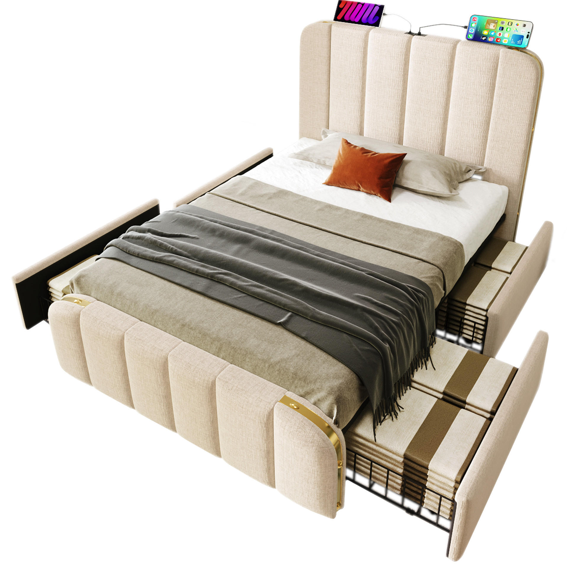 POLSTERBETT 90/200 cm Beige aus Leinen mit USB- und Typ-C-Ladefunktion - Beige, Textil (90/200cm) - OKMYHOME