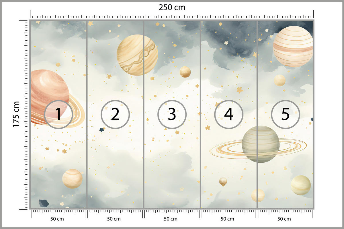 FOTOTAPETE für Kinderzimmer Pastell Planeten Saturn Uran Sterne 250x175 - Blau/Ecru, Papier (250/175cm) - Muralo