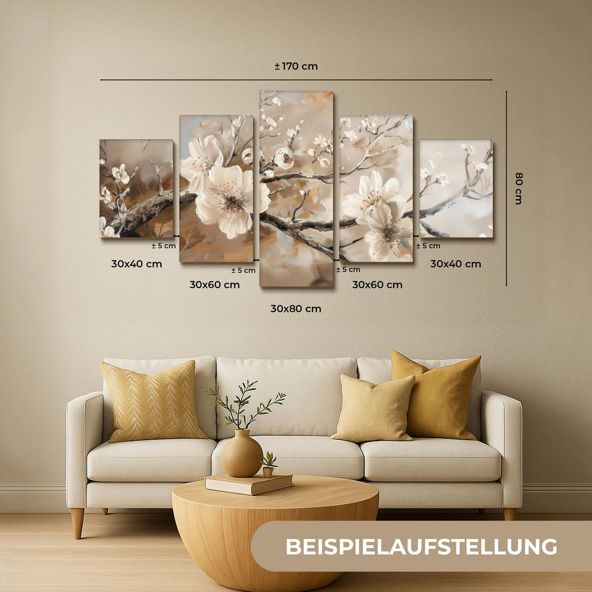 LEINWANDBILD 5er Set Blüte - Beige - Abstrakt - Blumen 150x80 cm - Hellbraun, Textil (150/80cm) - MuchoWow
