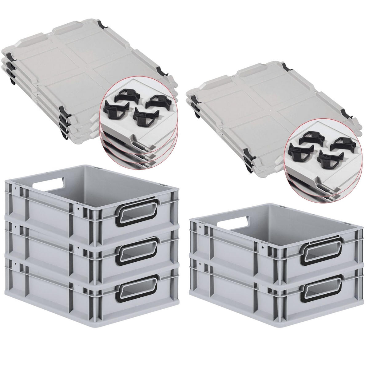 EUROBOX 5x NextGen Color mit Auflagedeckel 12x30x40 cm 11 Liter Grau Griffe schwarz offen - Schwarz/Grau, Kunststoff (30/12/40cm) - PROREGAL