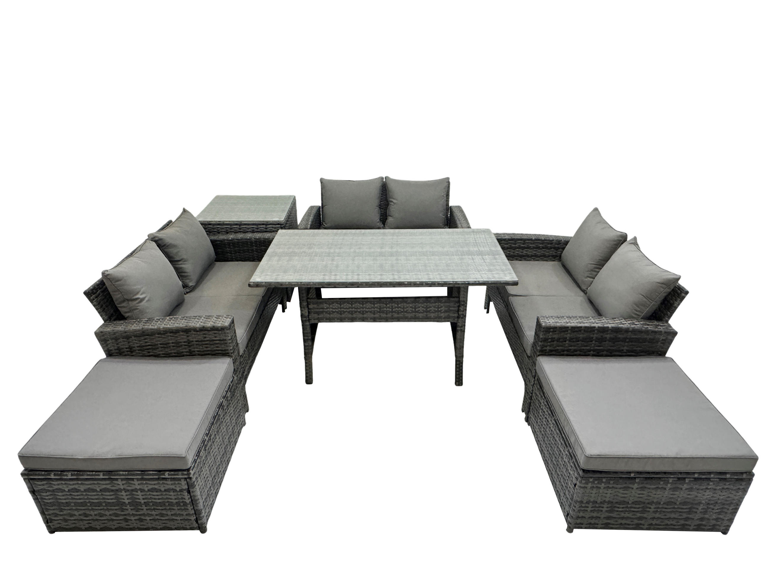 GARTENMÖBELSET mit Zweisitzer,2 Hockern,Esstisch,Beistelltisch Polyrattan Dunkelgrau 8-Sitzer - Dunkelgrau/Grau, Glas/Kunststoff - Fimous