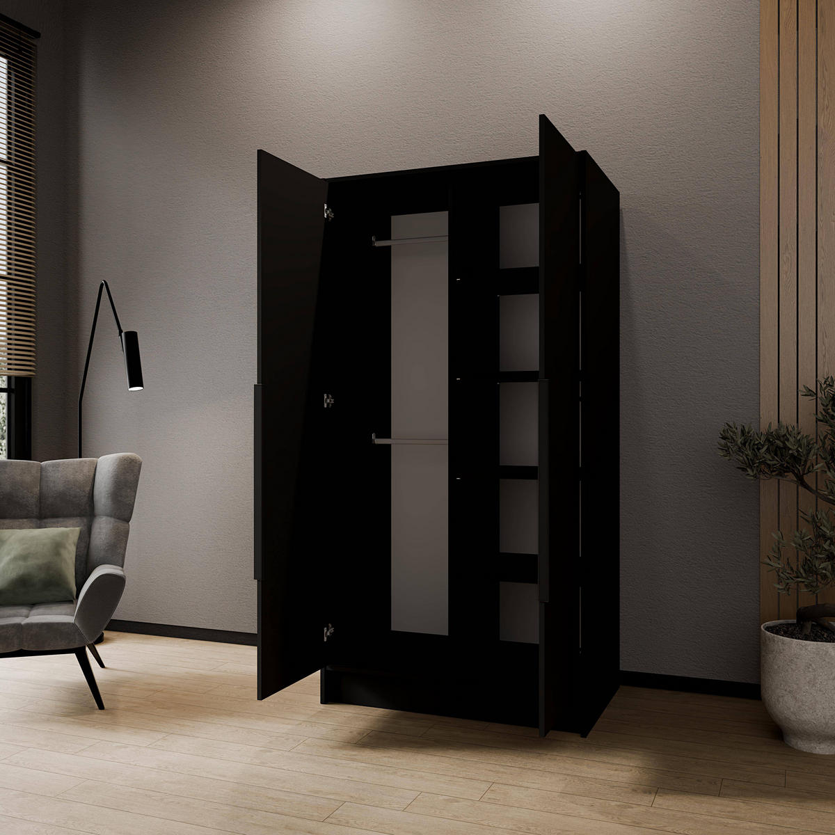 FLÜGELTÜRENSCHRANK PORTO - Schwarz, Holzwerkstoff (102/200/51cm) - Meblini