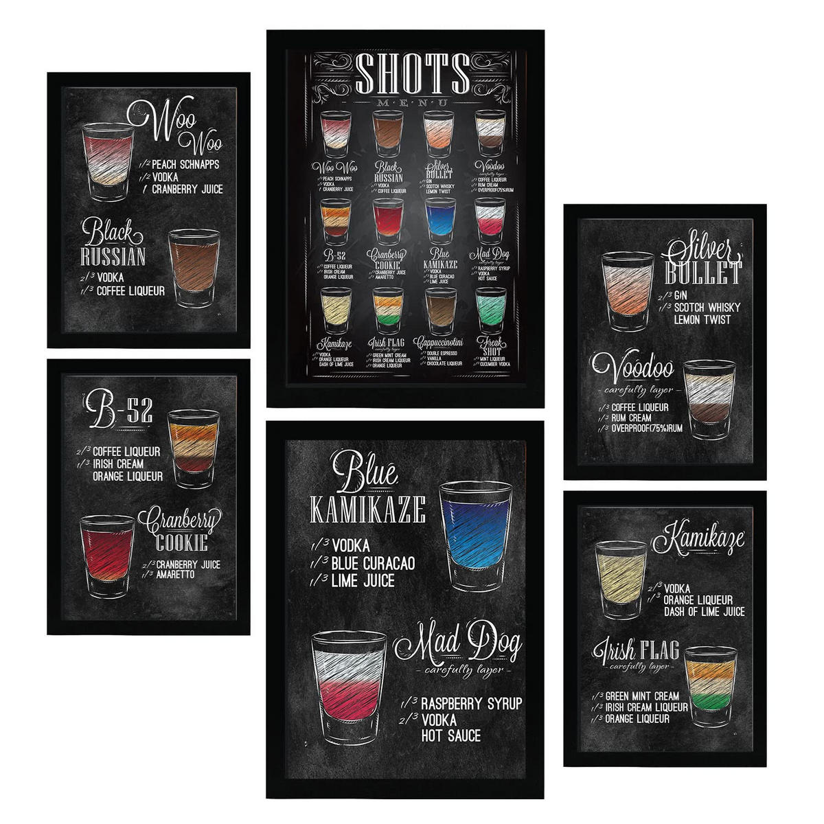POSTER Set Mit 6 Getränke-Shot Größe A3 & A4 Schwarzer Rahmen - Schwarz, Papier (29.7/1cm) - Nacnic