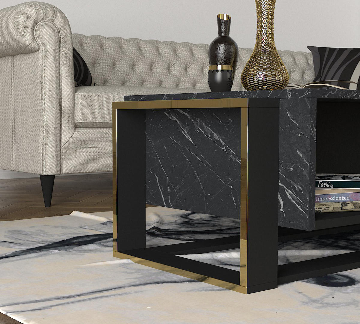 COUCHTISCH Bianco Rebab Braun Dunkelgrau ( Marmor Optik ) - Dunkelgrau/Schwarz, Holzwerkstoff (60/107/41cm) - moebel17
