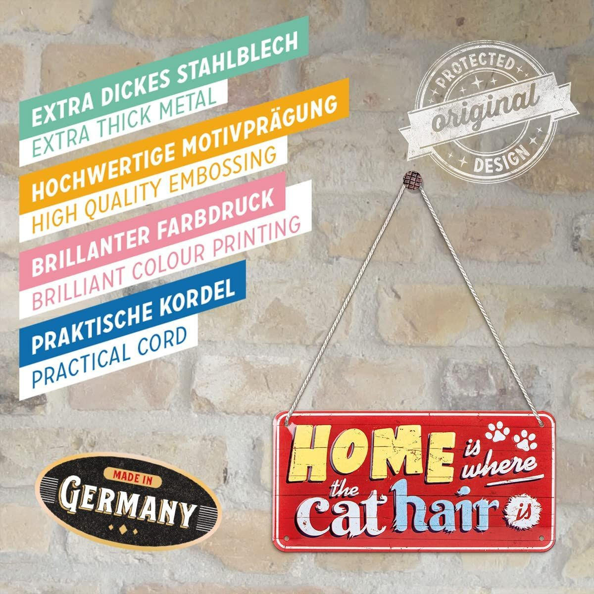 HÄNGESCHILD 10/20 cm Animal Club Home is where the cat hair is - Multicolor, Metall (20/10/0.2cm) - Nostalgic-Art