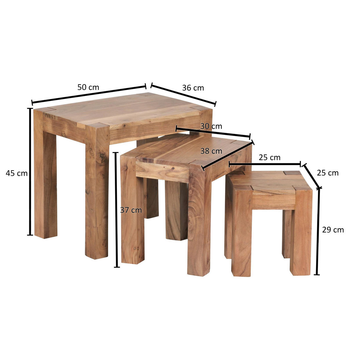 BEISTELLTISCH 3er Set Massivholz Landhausstil MUMBAI, Akazie 36x50x45 cm - Akaziefarben, Holz (50/36/45cm) - KADIMA DESIGN