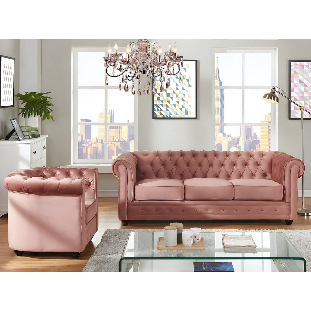 Thumbnail - Vente-Unique Couchgarnitur, Pink, Textil, Uni, 4-Sitzer, 205x72x88 cm, Wohnzimmer, Sofas & Couches, Sofas, Chesterfield ...
