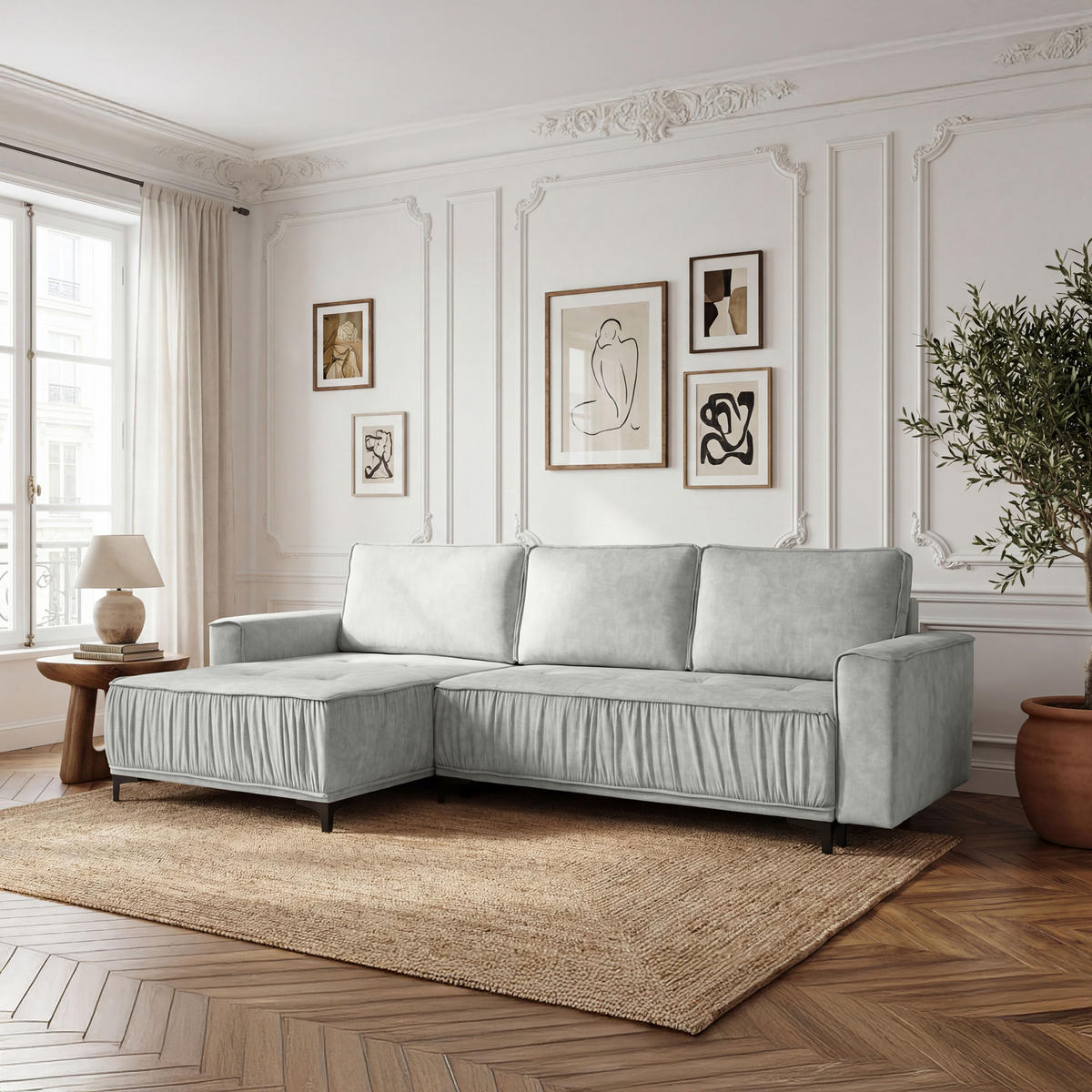 ECKSOFA Velora mit Schlaffunktion & Stauraum, Universell Rechts/Links, Silber Hellgrau Samt 270/92/150 cm - Silberfarben/Schwarz, Textil/Metall (270/150cm) - WFL GROUP