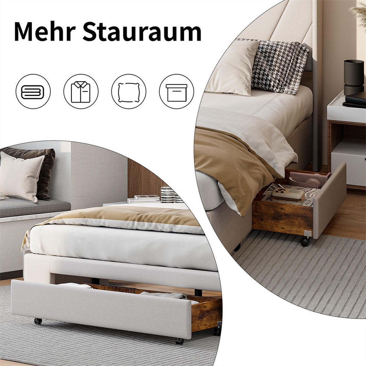 POLSTERBETT 140x200 cm mit 3 Schubladen - Kopfteil mit minimalistischem Liniendesign - ohne Matratze - Beige - Beige, Textil (140/200cm) - DELFA