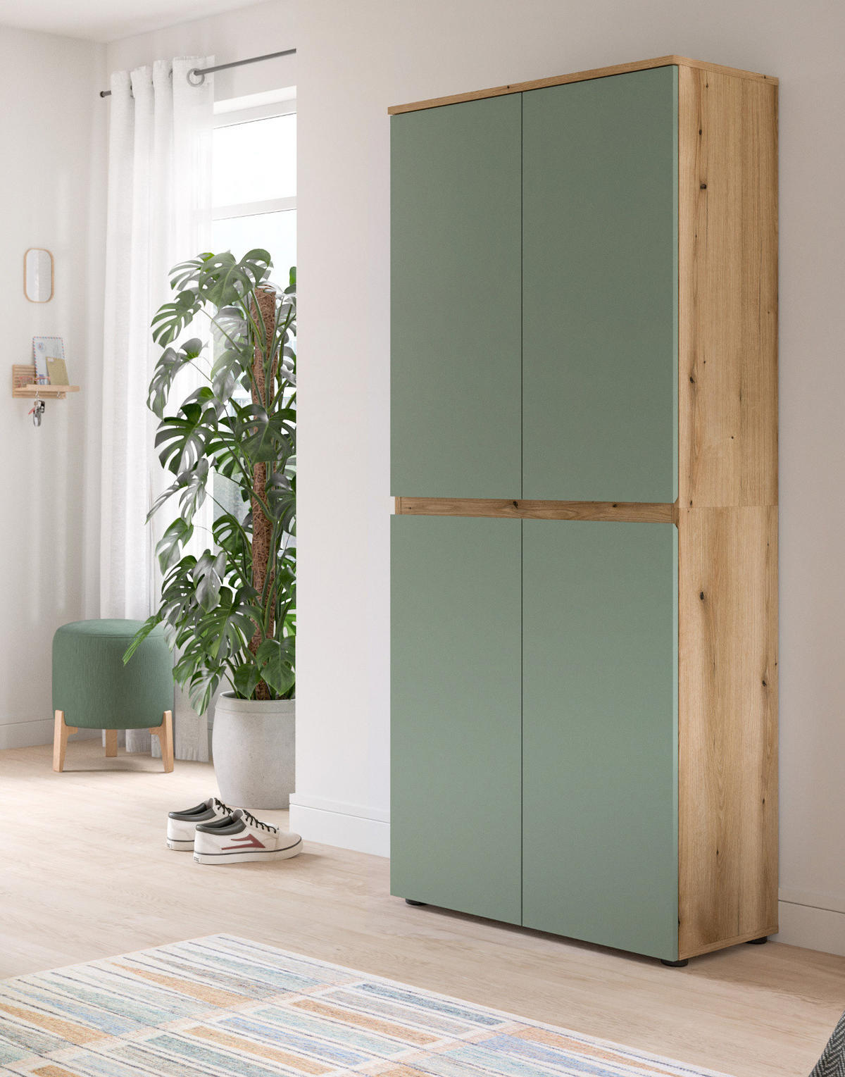 MEHRZWECKSCHRANK grün, Evoke Eiche 70 x 175 cm, Stauraumschrank 4-türig mit 9 Fächern - Eichefarben/Schwarz, Holzwerkstoff/Kunststoff (70/175/37cm) - Inn.Furn