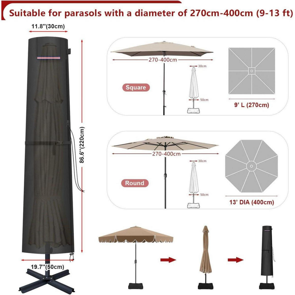 SCHUTZHÜLLE für Sonnenschirm 220 cm Wasserdicht 420D Oxford Abdeckung mit Stab - Schwarz, Textil (50/30/220cm)