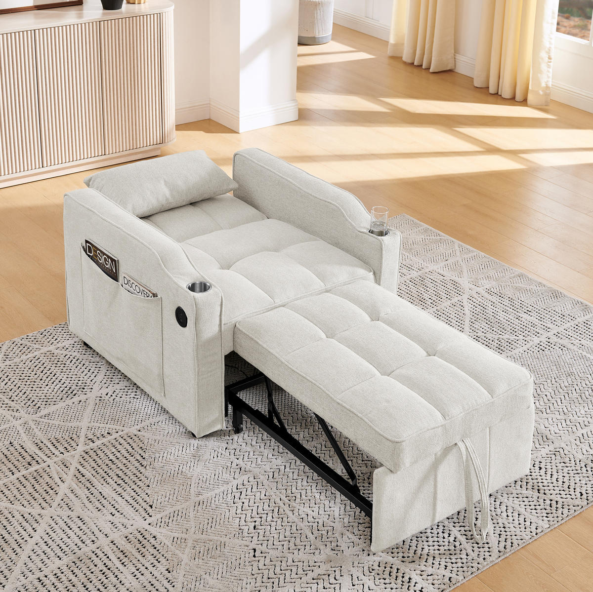 SCHLAFSESSEL 3-in-1 mit Liegefunktion 190 cm Holz/Stoff Beige - Beige, Holz (85/86/190cm) - Meubliv