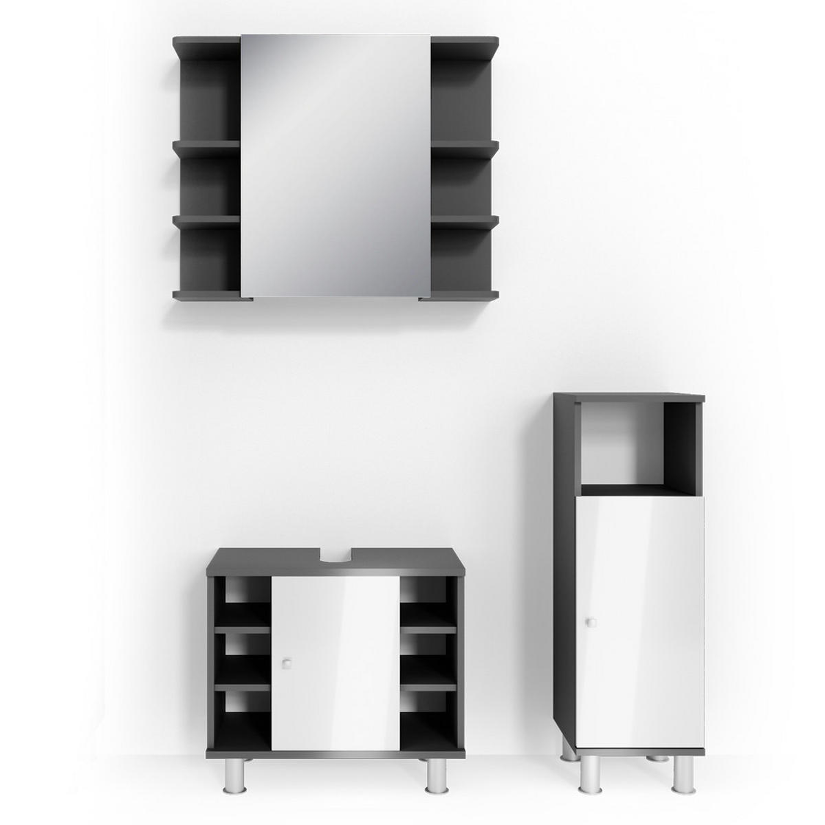 BADMÖBEL-SET Fynn Anthrazit 3 Teile, mit Midischrank - Weiß Hochglanz/Anthrazit, Holzwerkstoff (60/54/32cm) - Vicco