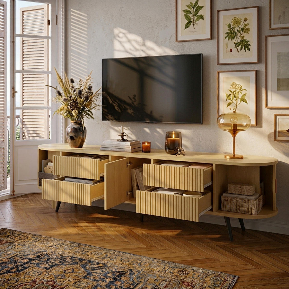 TV-LOWBOARD 180x40x45cm Holzfarbe mit 4 Schubladen und Tür - Naturfarben, Holzwerkstoff (180/45/40cm) - FLIEKS