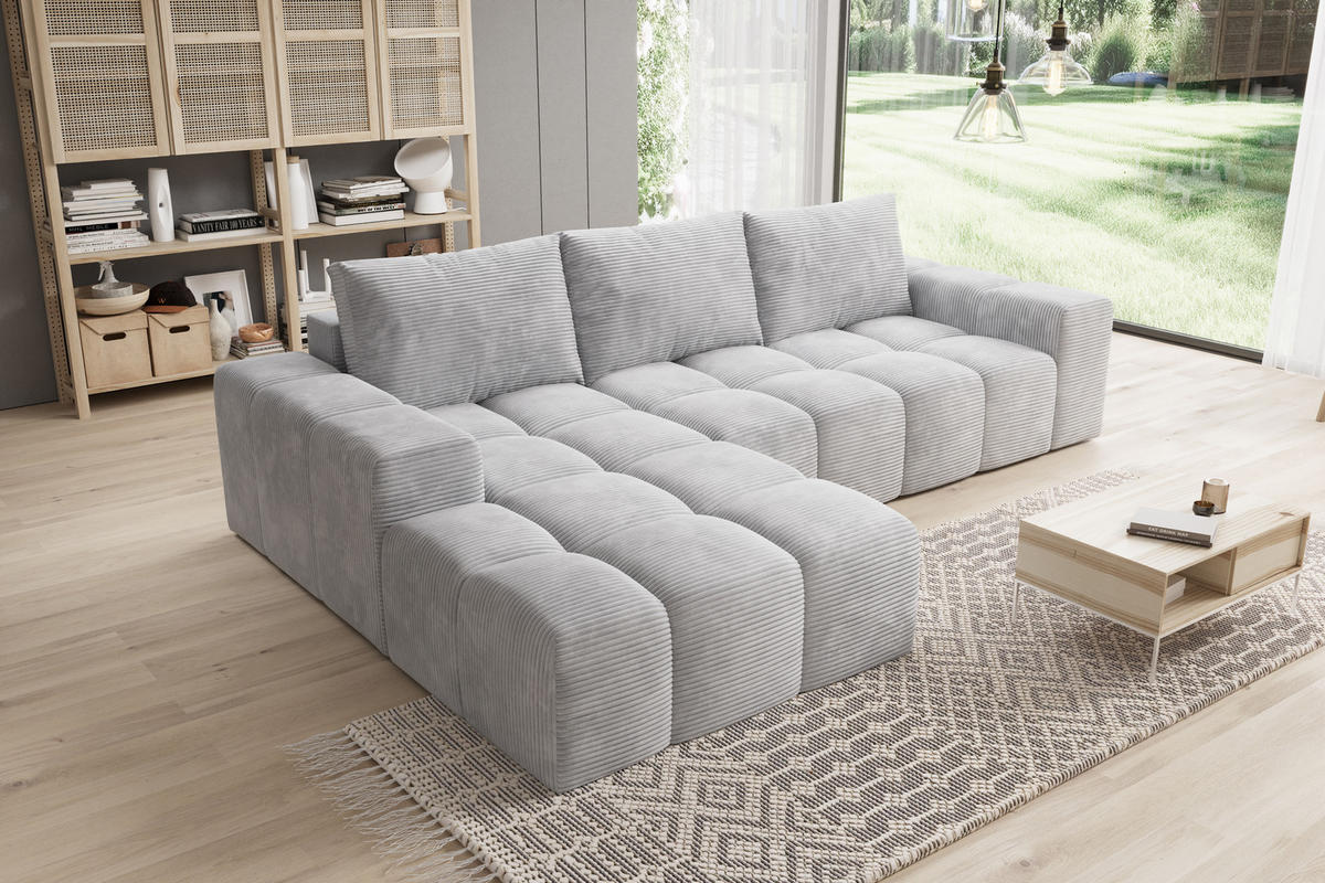 ECKSOFA Cento, L-Form, Ottomane Links, Cordstoff, 285x56x180 cm, Grau - Grau, Holz (180/285cm) - PROMETO Möbel