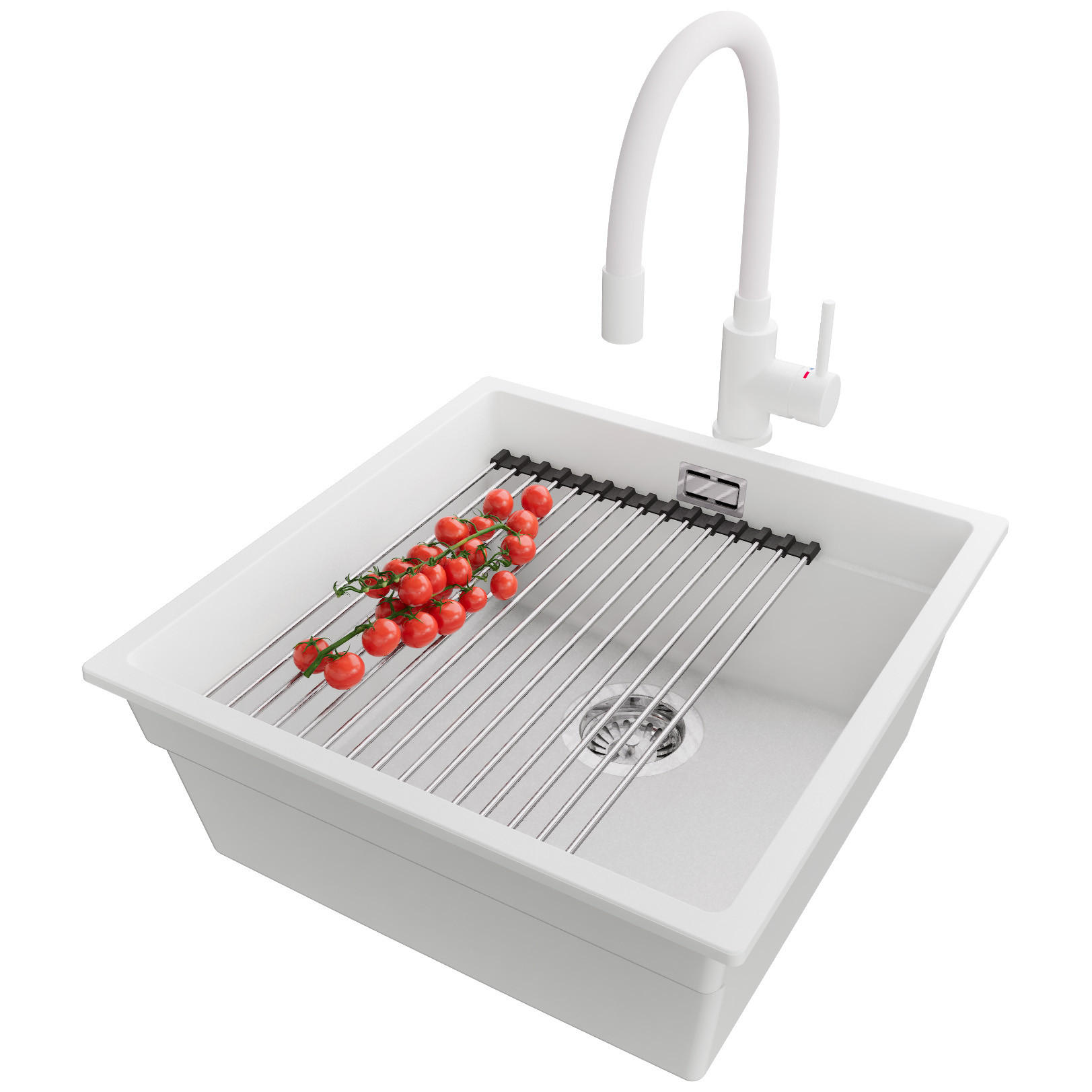 GRANITSPÜLE Praga Slim, 2-er set Weiß 46/47 cm 1 Becken + Küchenarmatur 38/14 cm + Ablauf-Set + Aufrollbare Abtropffläche ab 50er Unterschrank - Chromfarben/Weiß, Kunststoff (46/20/47cm) - Primagran