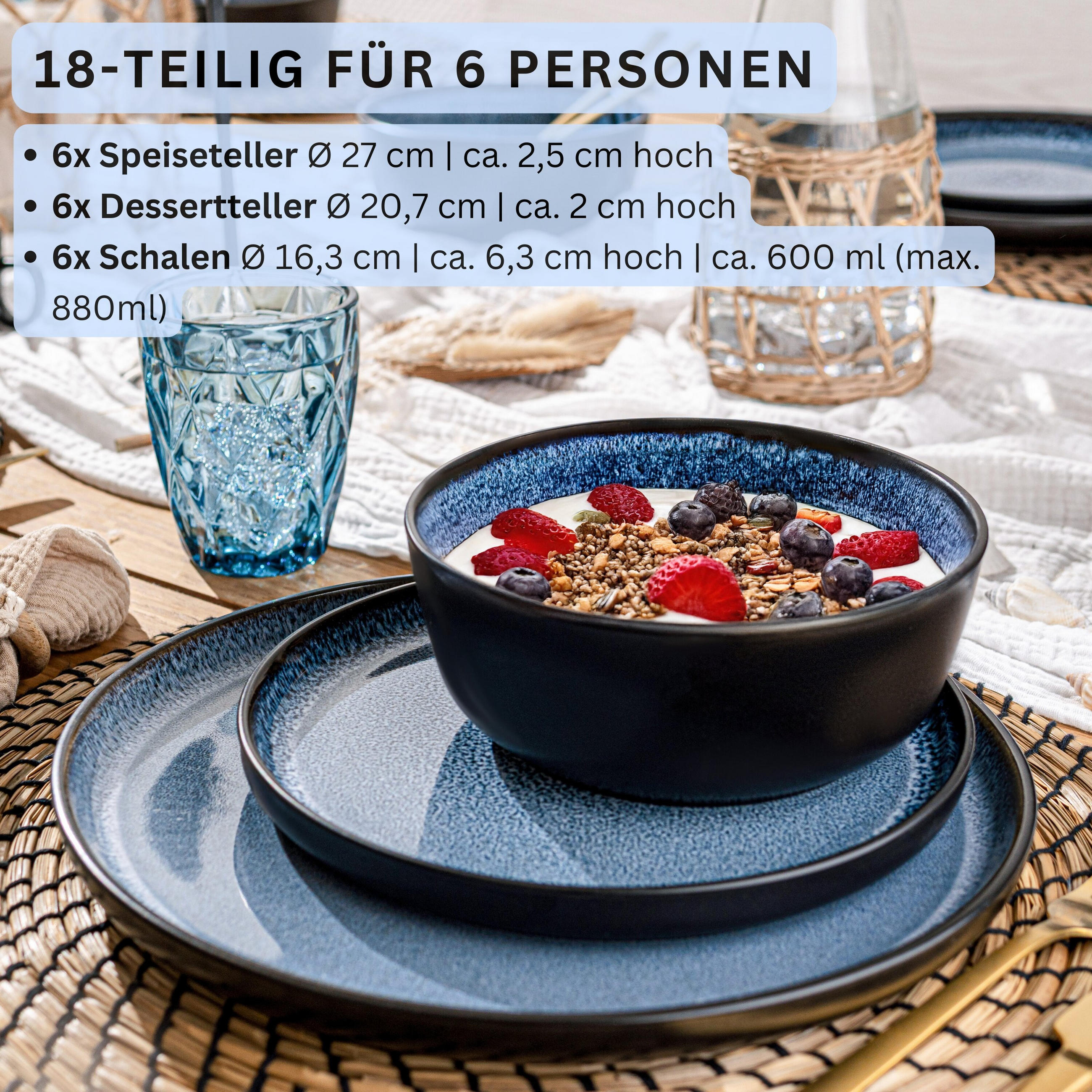 TAFELSERVICE ARUBA - 18 teilig aus Steingut - Blau, Keramik (33/34/46.5cm) - Sänger