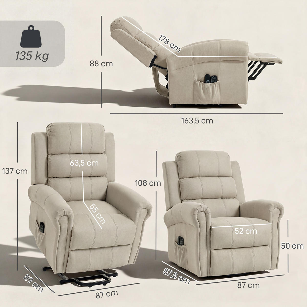 RELAXSESSEL Polyester, Metall Beige - Beige/Schwarz, Textil/Metall (87/108/87.5cm) - HOMCOM