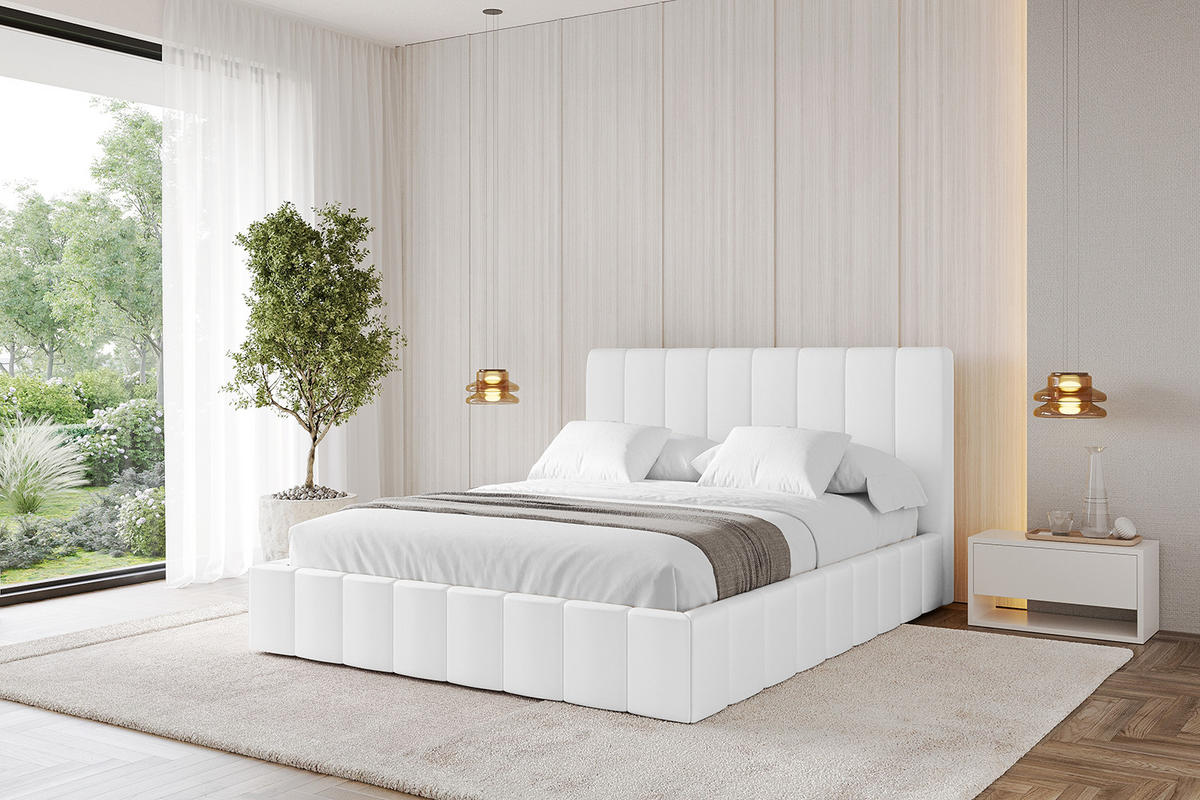 POLSTERBETT mit Bettkasten und Lattenrost, Boxbett ohne Matratze - FINO 140x200 Weiß Kunstleder - Weiß Hochglanz, Holzwerkstoff/Textil (140/200cm) - ALTDECOR