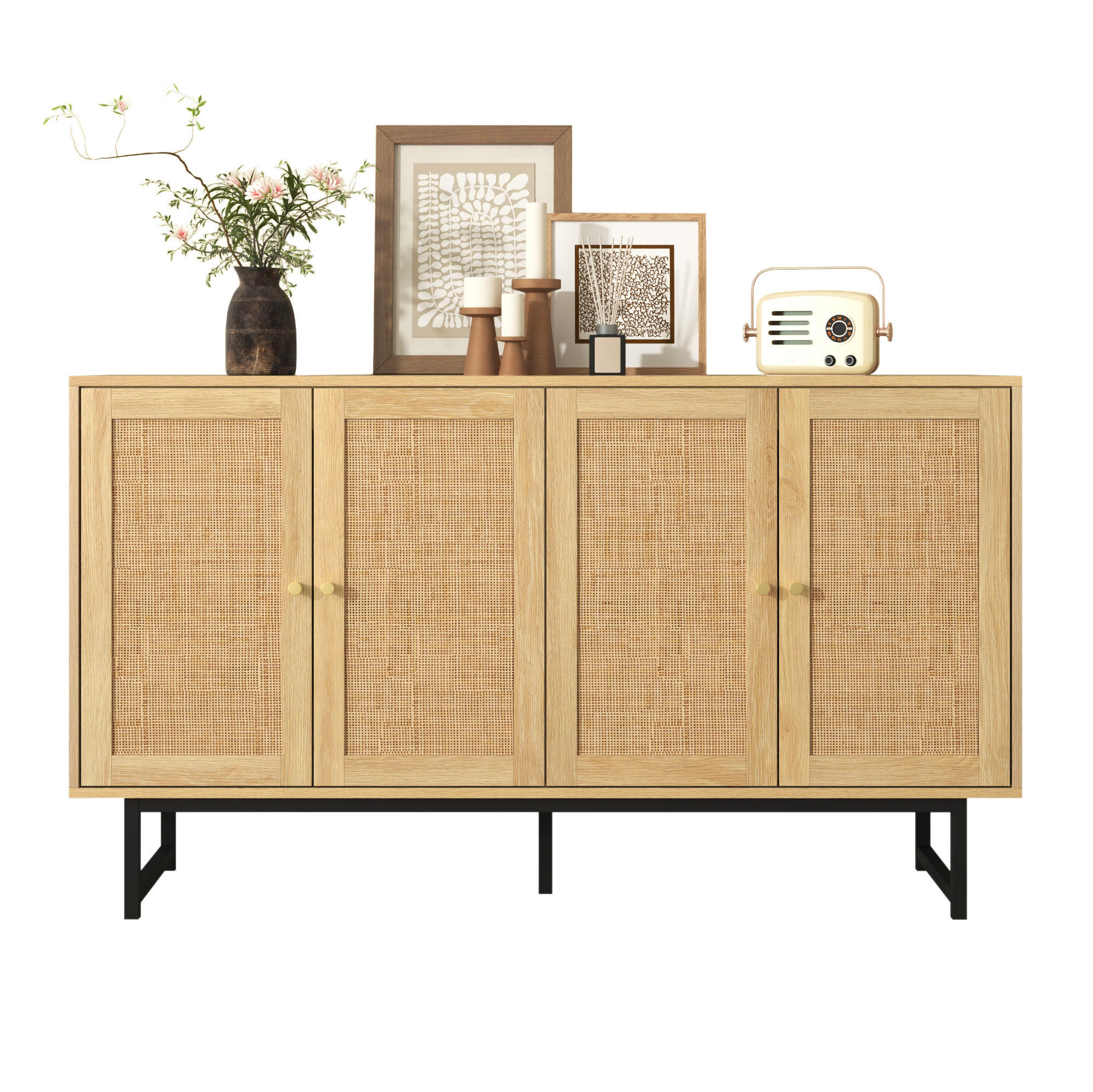 SIDEBOARD 140/39,5/80 cm in Holzoptik mit echtem Rattangeflecht und 4 Türen - Naturfarben, Holzwerkstoff (140/80/39.5cm) - Flora Grace