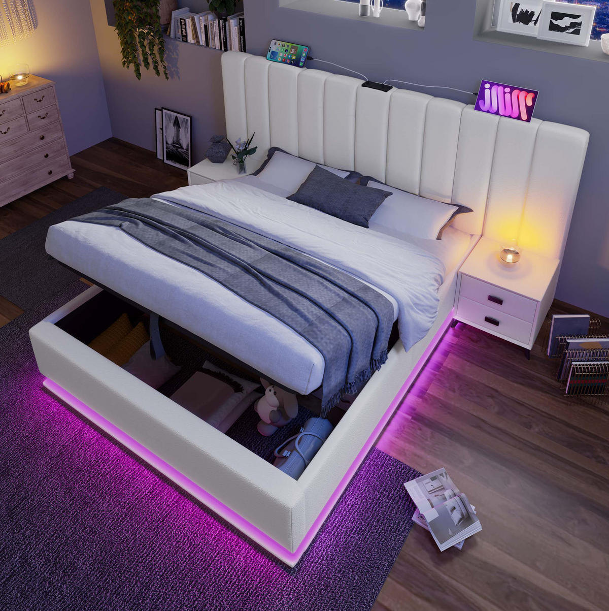 POLSTERBETT mit Bettkasten 180/200 cm in Weiß mit LED-Beleuchtung und USB-C - Weiß, Kunststoff (180/200cm) - BEAOK