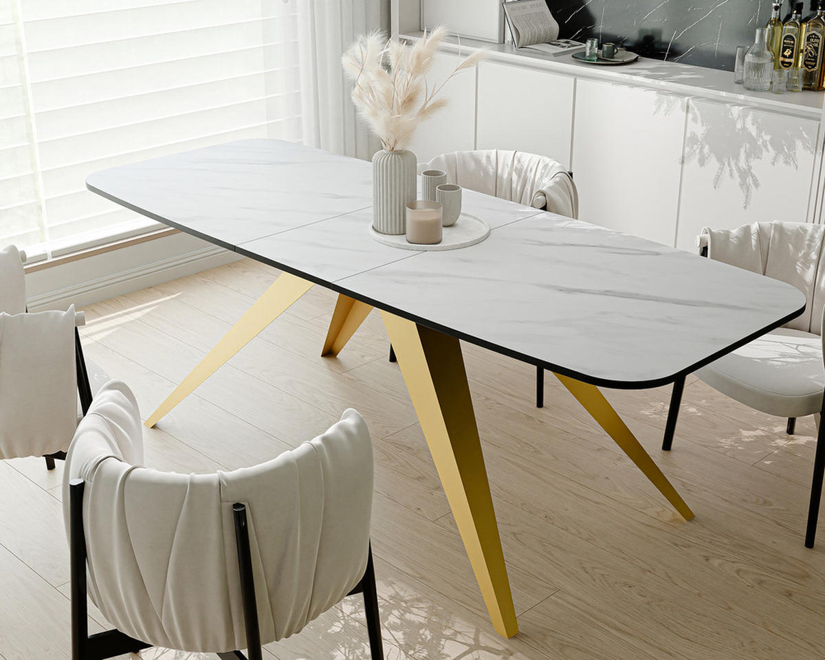 AUSZIEHTISCH FENTO 180/90/76 cm, Gold / Bianco (Weiß) - Perlmutt, Holzwerkstoff/Metall (90/180/76cm) - Idohome