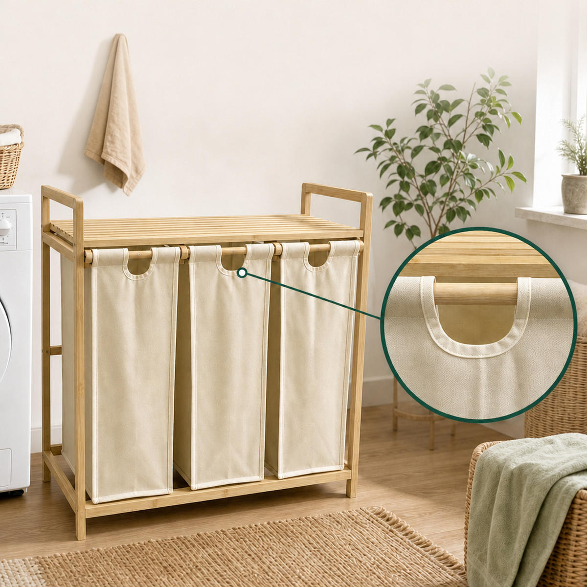 WÄSCHESAMMLER Natur Beige 3er-Set Bambus - Multicolor, Holz/Textil (78/77/41.5cm) - Relaxdays