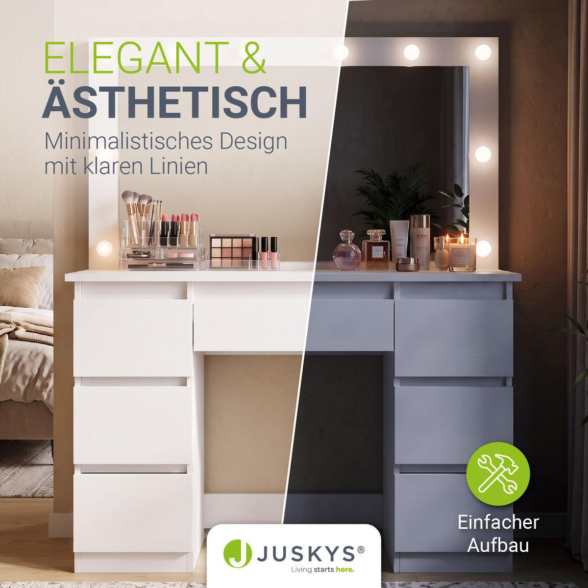 SCHMINKTISCH Lilia weiß mit LED-Beleuchtung - Weiß, Holz (108/140/41cm) - Juskys