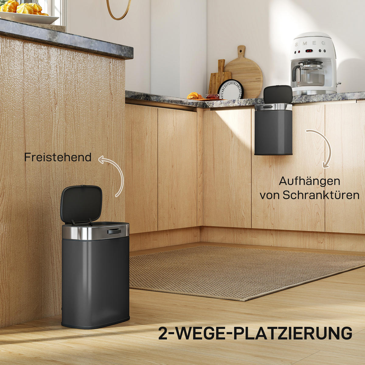 MÜLLEIMER Edelstahl Küchenmülleimer mit Druck-Öffnen offen bleibendem Deckel - Schwarz, Metall (19.5/30/21.5cm) - HOMCOM