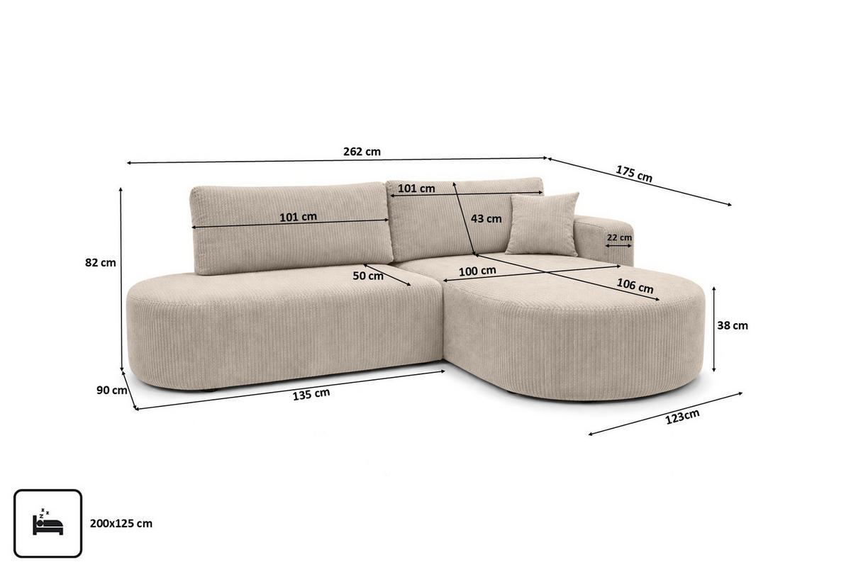 ECKSOFA Mit Schlaffunktion Und Bettkasten, Cordstoff Poso, Dunkelbeige, Rechts, ROUND ONE OPEN XL - Beige, Holz (262/175cm) - Kaiser Möbel