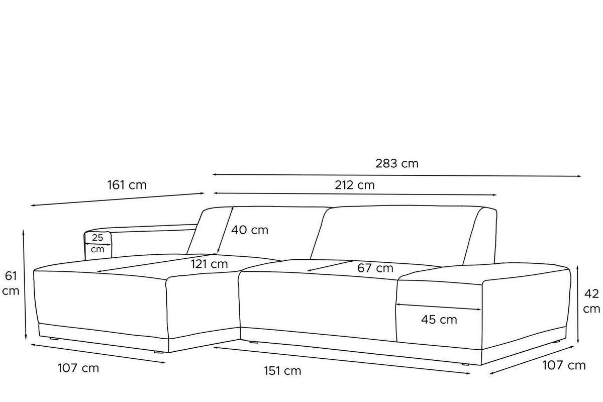 ECKSOFA-LINKS MUDI in moderner Optik mit hochwertigem Kaltschaum, Cord-Stoff, braun - Schwarz/Braun, Textil (280/160cm) - KONSIMO®