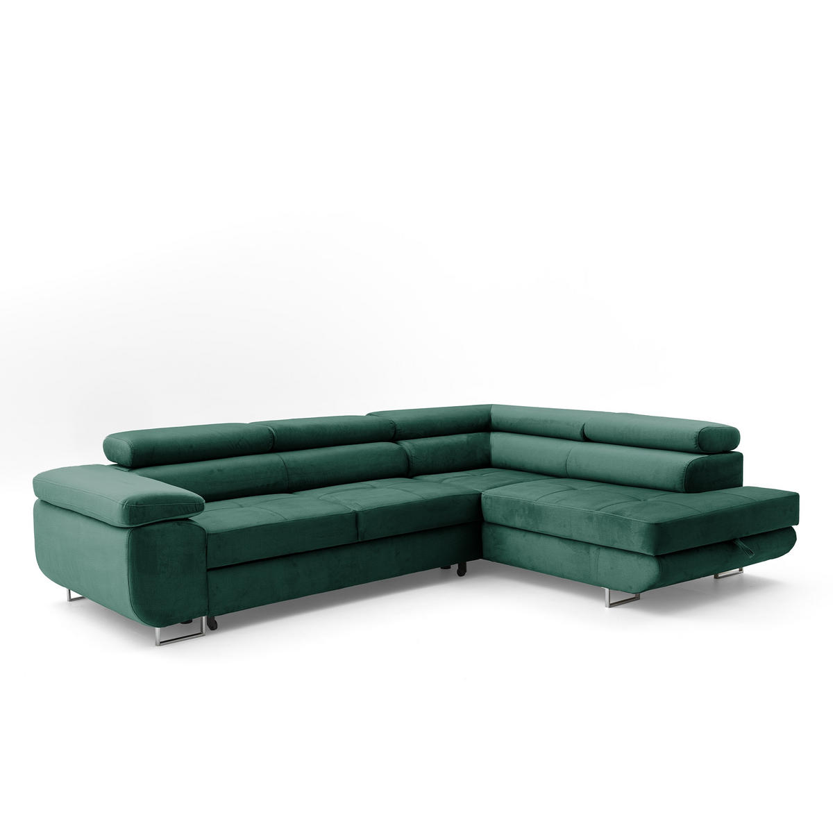ECKSOFA WILD L Rechts mit Schlaffunktion 127x195 Velours Dunkelgrün - Chromfarben/Dunkelgrün, Holz/Textil (274/203cm) - Muffo