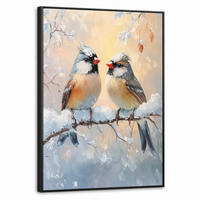 LEINWAND Bilder mit Rahmen - Vögel - Zweig - Winter - Schnee - 50x70 - Pastellblau, Textil (50/70cm) - MuchoWow