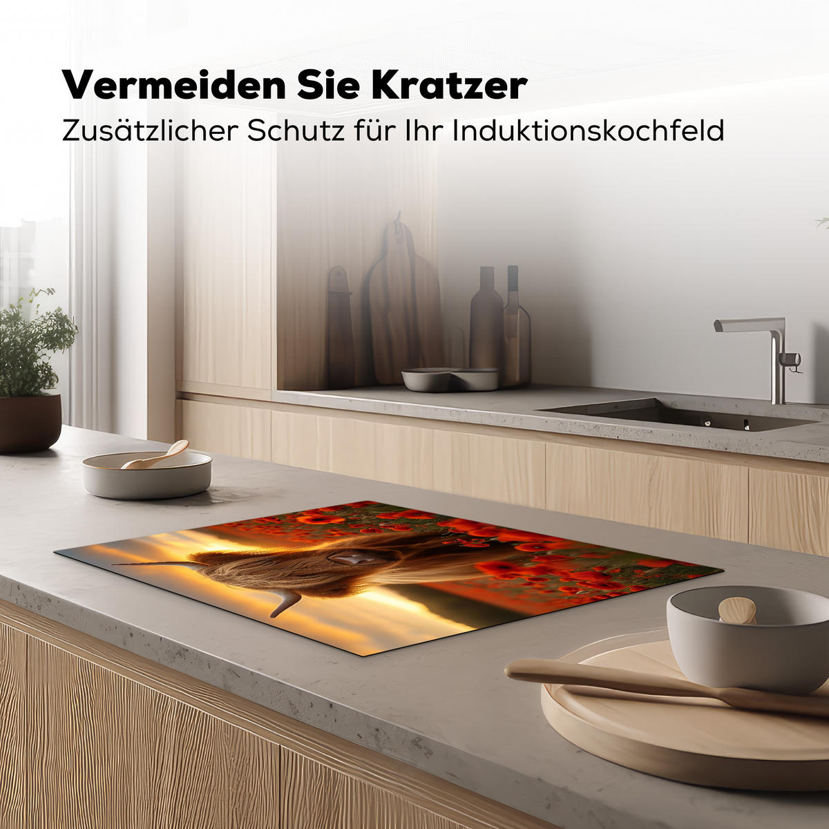 HERDABDECKPLATTE Schottische Highlander - Rosen - Blumenfeld - Sonnenuntergang Herdabdeckung Induktionsfeld 70x52 cm - Rotbraun, Kunststoff (70/52/0.2cm) - MuchoWow