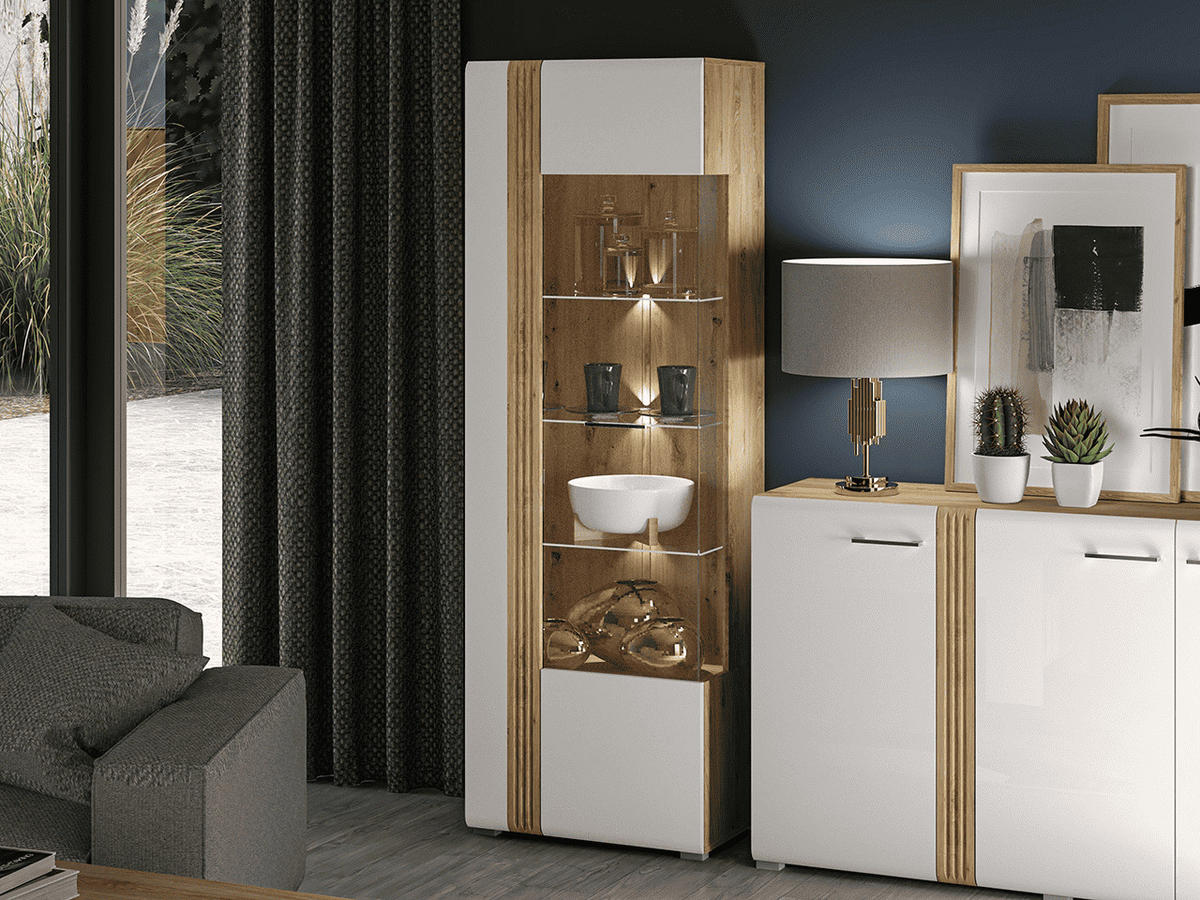 VITRINE – 65 cm – Adagio – Weiß / Eichefarben – Anschlag links – VT-GEN145 - Eichefarben/Weiß, Holzwerkstoff (65/196/42cm) - hi-markt
