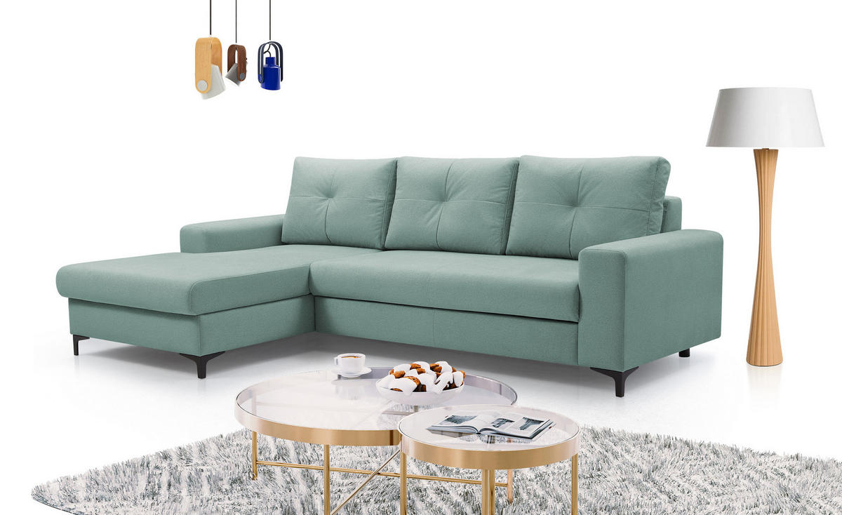 ECKSOFA AVRA L-förmig, mit Stauraumbehälter-in RINO-Stoff, Komfort & Eleganz, lose Rückenkissen, freistehend, LINKS 165x251x85 cm Light green - Hellgrün, Holz/Textil (165/251cm) - DomoHome