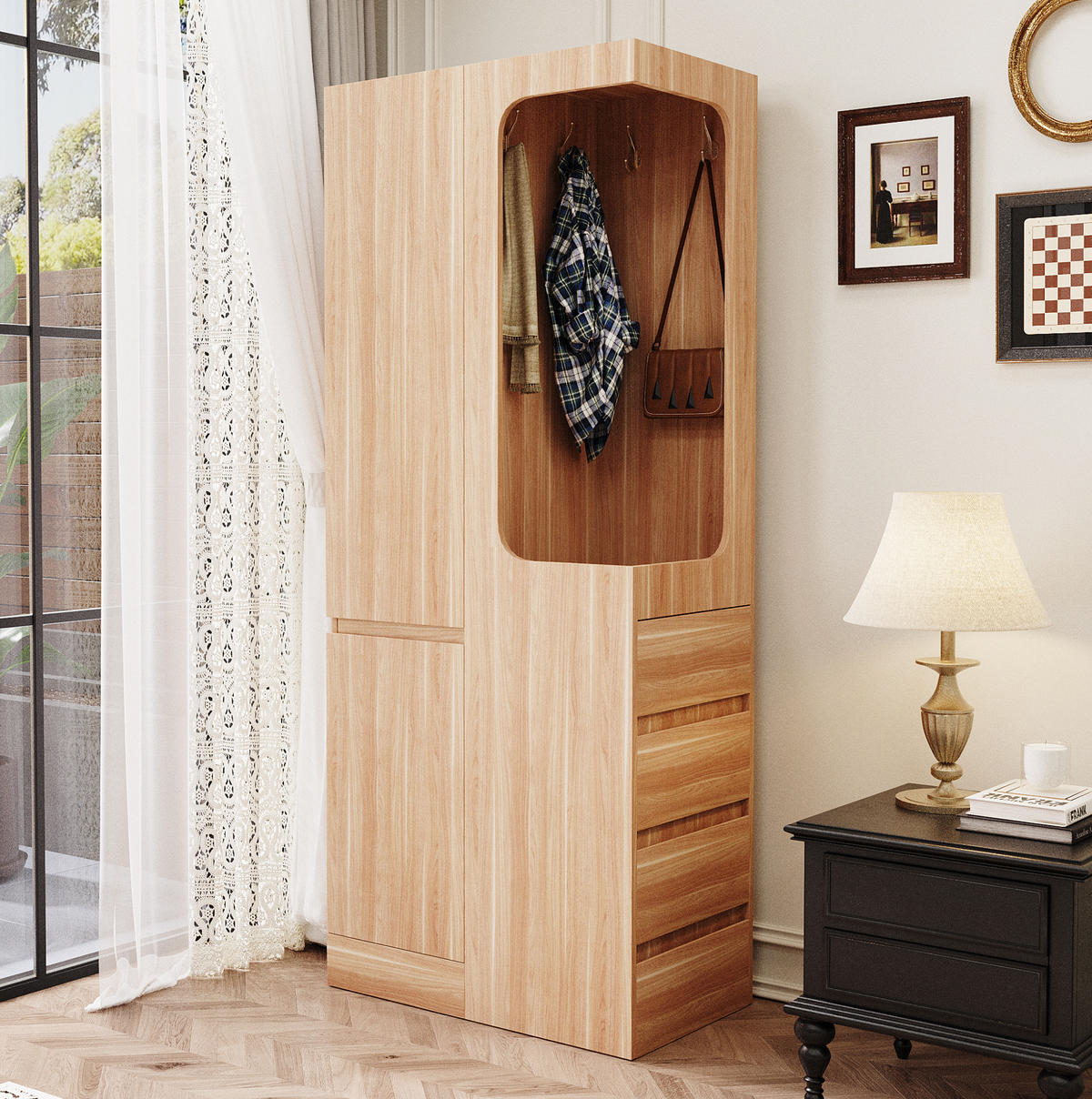 KLEIDERSCHRANK 70/40/170 cm in Weiß/Holz mit 4 Schubladen und offenem Hängebereich - Naturfarben, Holz (70/170/40cm) - BEAOK