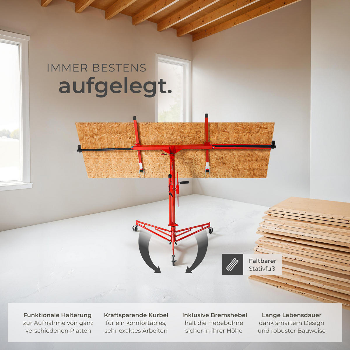 PLATTENHEBER ,breite Stativfüße mit 3 Lenkrollen inklusive Feststellbremsen,rot - Rot, Metall (153/140/185cm) - tectake