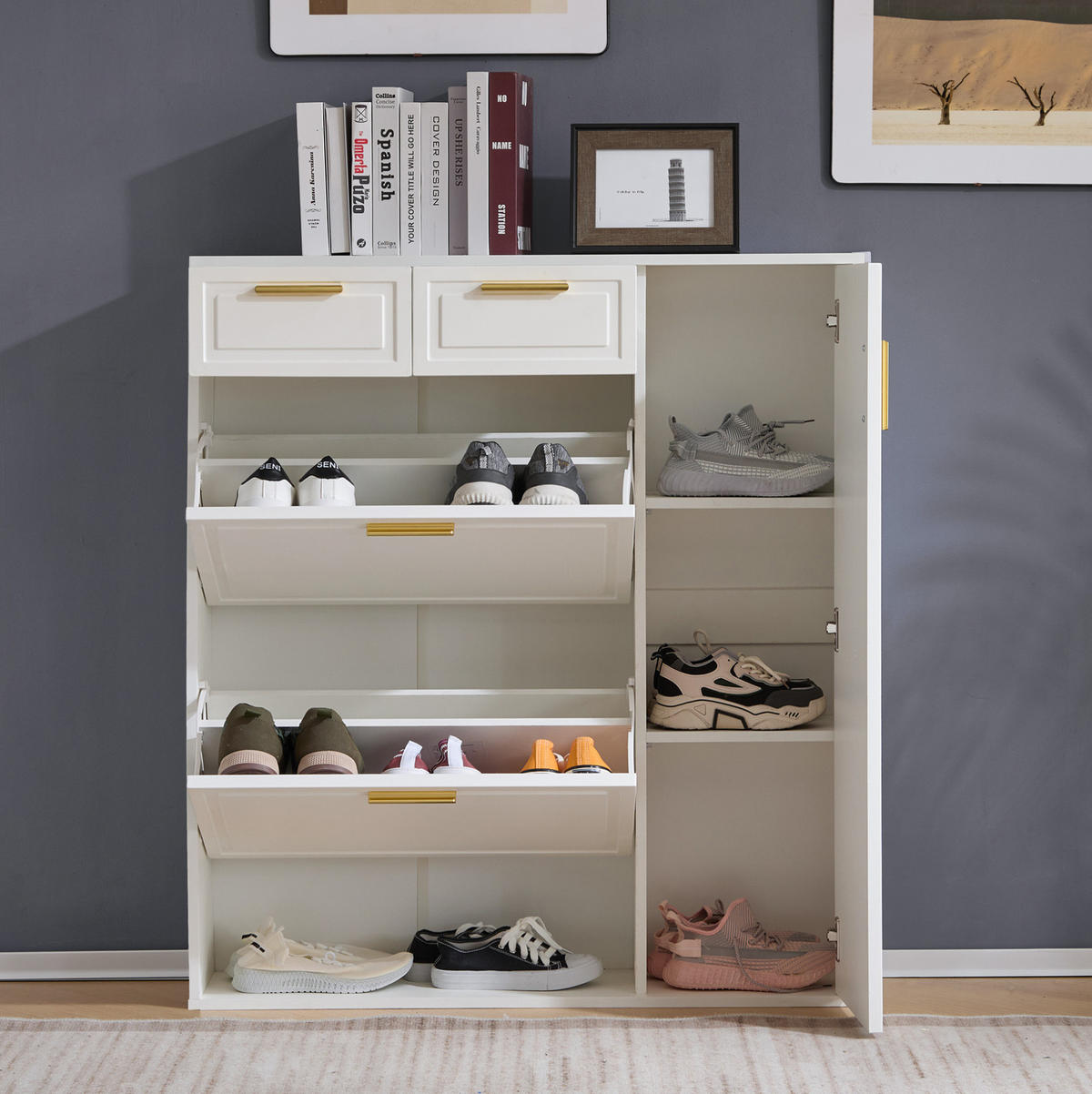 SCHUHSCHRANK 95/24/107,5 cm in Weiß mit Schubladen und verstellbaren Regalen - Weiß, Holzwerkstoff (95/107/24cm) - Flora Grace