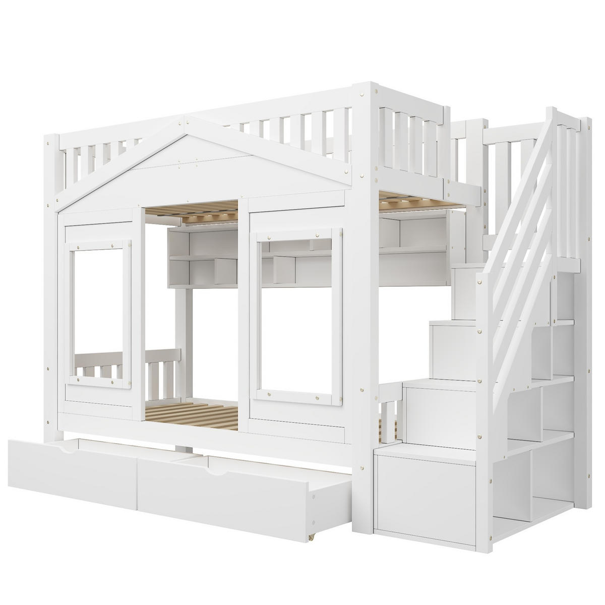 KINDERHOCHBETT 90x200 cm in Weiß mit Stauraumtreppe und Schublade - Weiß, Holz (90/200cm) - IVMEU