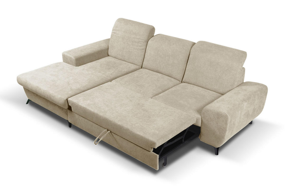 ECKSOFA LUCE L-S Beige Plüsch-Stoff mit Schlaffunktion - Beige, Holz (279/172cm) - MASSENO