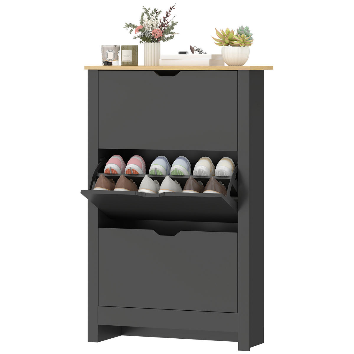 SCHUHSCHRANK Schwarz Eiche Spanplatte mit 3 Klappen platzsparend 1 Stück - Schwarz, Holz (72/112/26cm) - PANGIVO