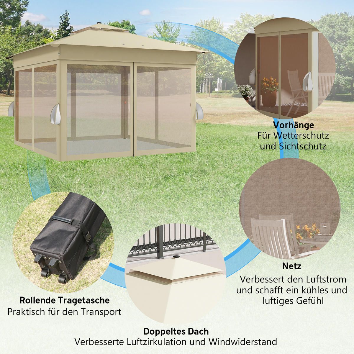 PAVILLON 3,3x3,3m Wasserabweisend Pop-up Faltpavillon mit LED, Doppeldach - Braun, Textil/Metall (336/270/336cm) - Outsunny