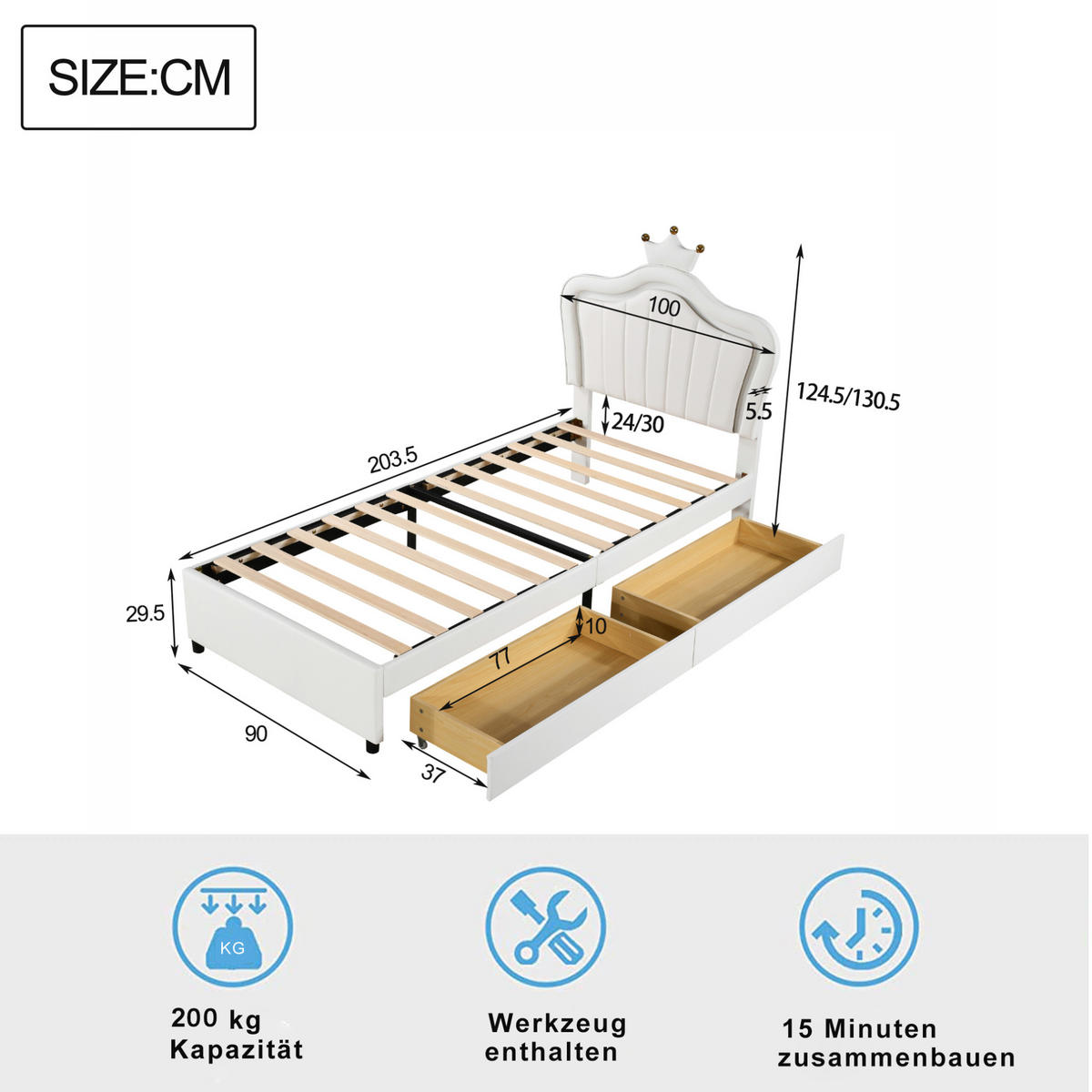 KINDEREINZELBETTEN aus Kunstleder 90x200 cm in Weiß mit LED-Beleuchtung & 2 Schubladen - Weiß, Leder (90/200cm) - Modfu