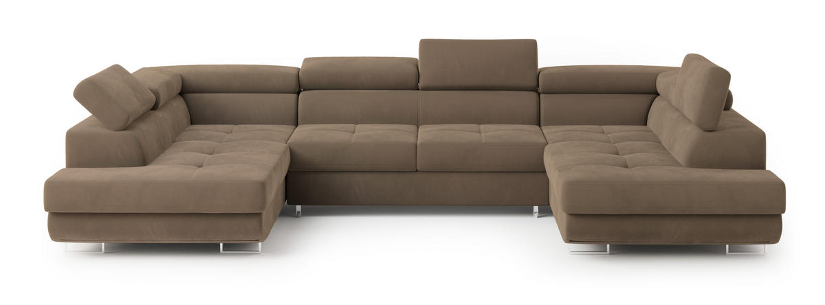 WOHNLANDSCHAFT RAGGIO Beige Velours-Stoff mit Schlaffunktion - Beige, Holz (336/90/202cm) - MASSENO