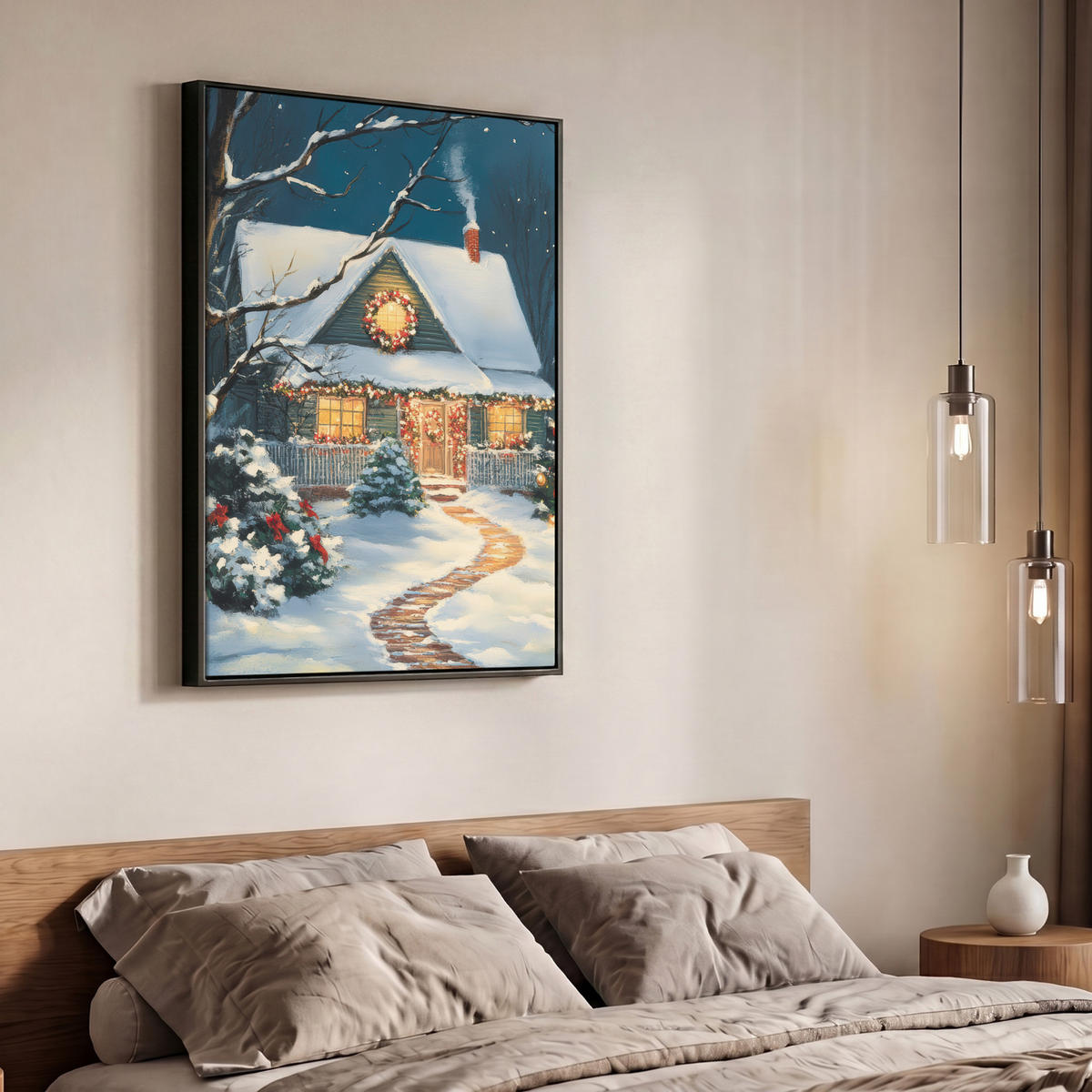 LEINWAND Bilder mit Rahmen - Weihnachten - Weihnachtsbaum - Winter - Zuhause - Schnee - 70x100 - Smaragdgrün, Textil (70/100cm) - MuchoWow