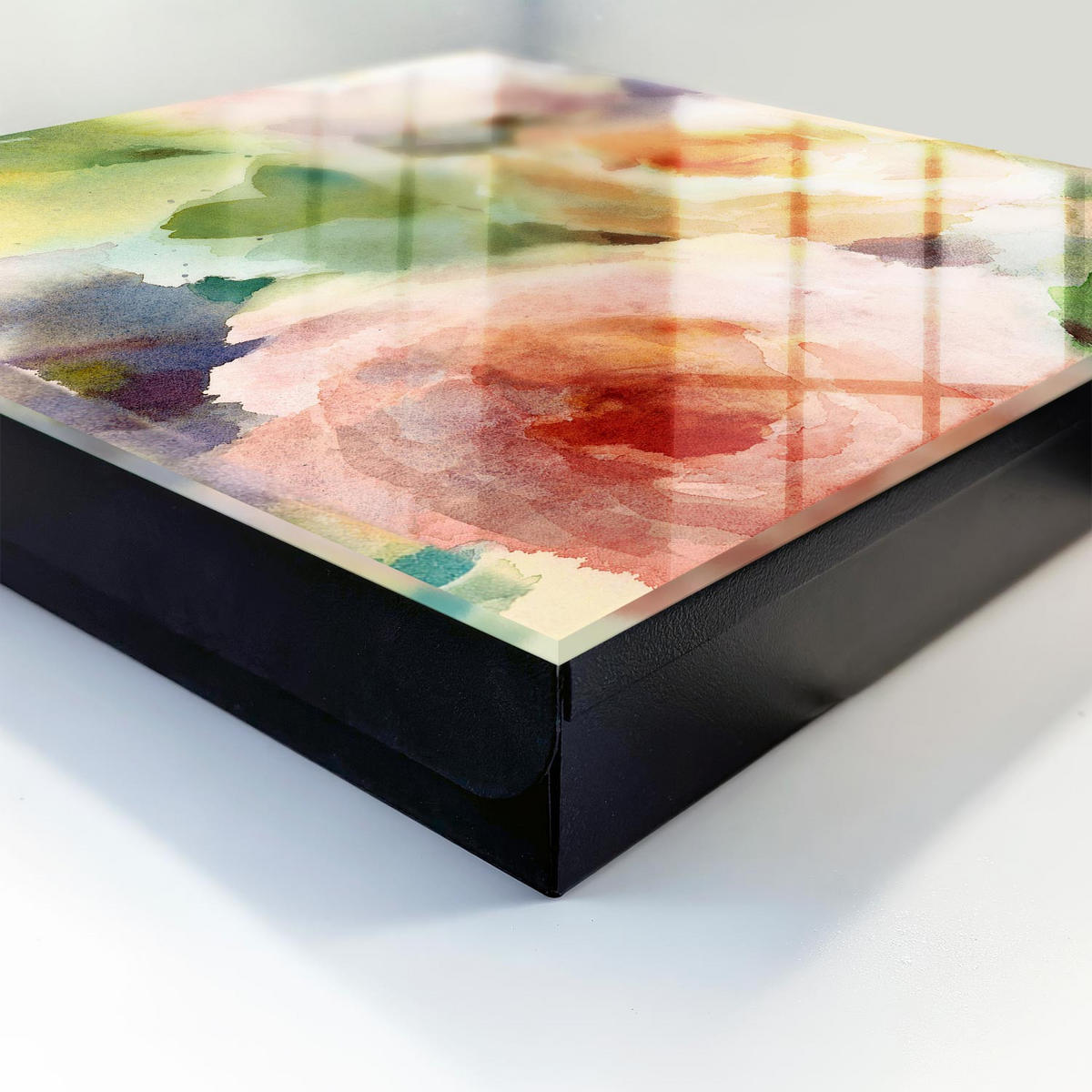 SCHLÜSSELBOX Schwarz 30x30 cm- Türöffnung nach rechts - Aquarellblumen - Grün, Metall (30/30/5cm) - TULUP